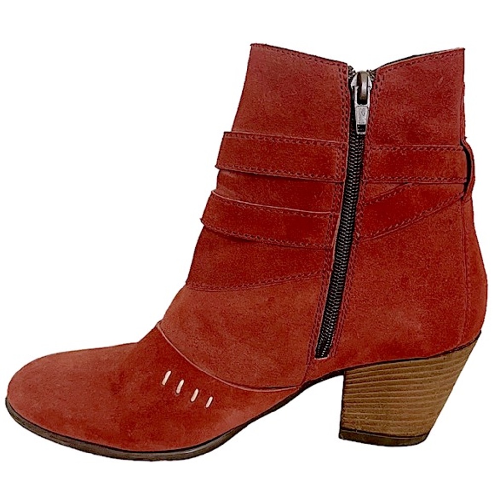Sundance Brick Red Suede Stitch Block Heel Ankle Bootie View 6